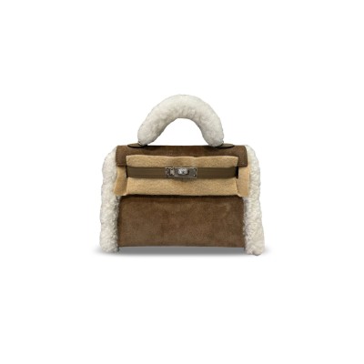 HERMES MINI KELLY TEDDY SHEARLING PALLADIUM HARDWARE (19*12*5.5cm)